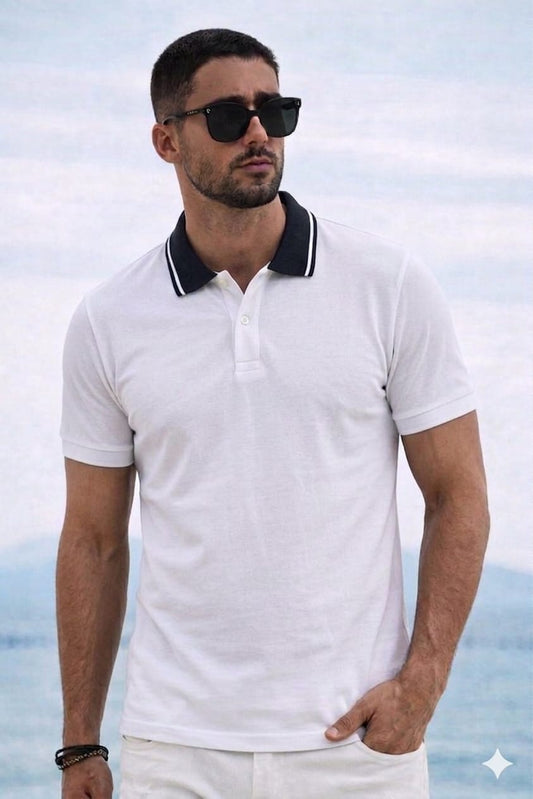 Polo Yaka T-shirt - Beyaz/Lacivert Yaka