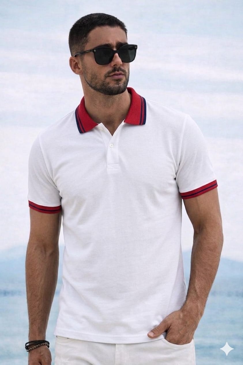 Polo Yaka T-shirt - Beyaz/Kırmızı Yaka