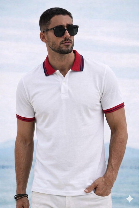 Polo Yaka T-shirt - Beyaz/Kırmızı Yaka