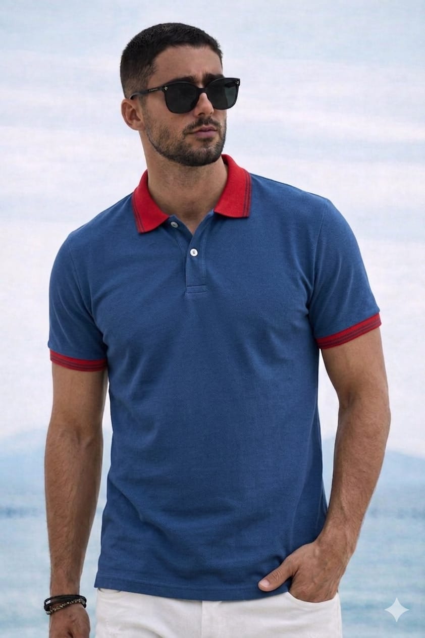 Polo Yaka T-shirt -Sax Mavi / Kırmızı Yaka